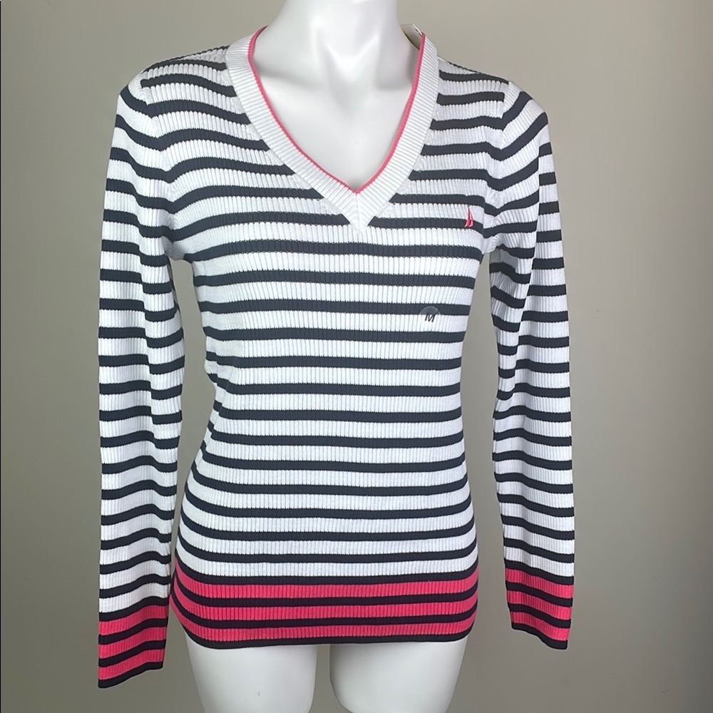 Nautica V-Neck Sweater Navy Seas Pink Stripe Knit